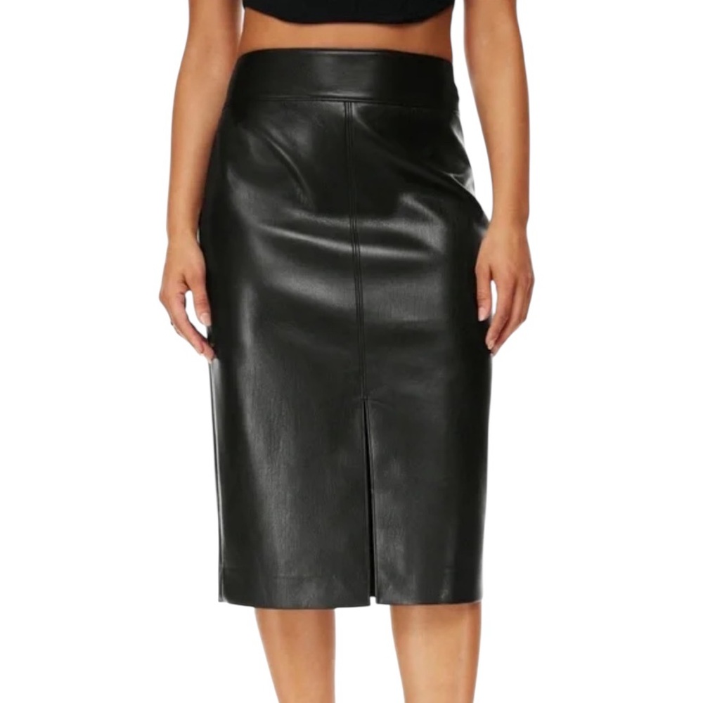 Babaton Black Faux-Leather Midi Pencil Skirt with Front Slit